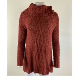 Anthropologie Sz S Boucle Knit Cowl Neck Tunic Sweater Red Cotton Nylon